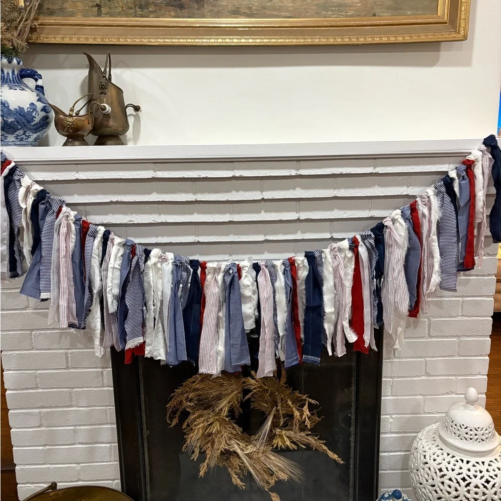 Patriotic Red, White & Blue Fabric Garland Streamer - Home Holiday Event Decor